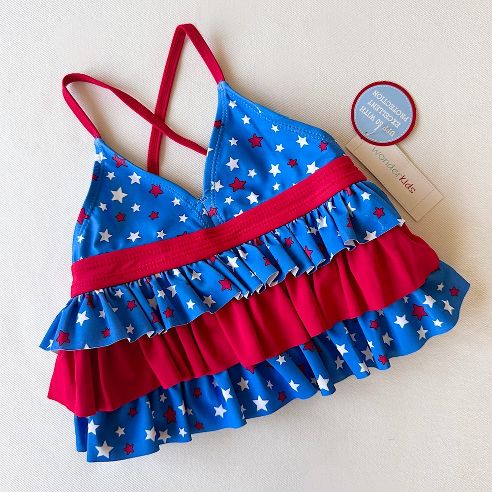 Wonder Kids Toddler Girls Patriotic Red White & Blue Stars Swim Top
